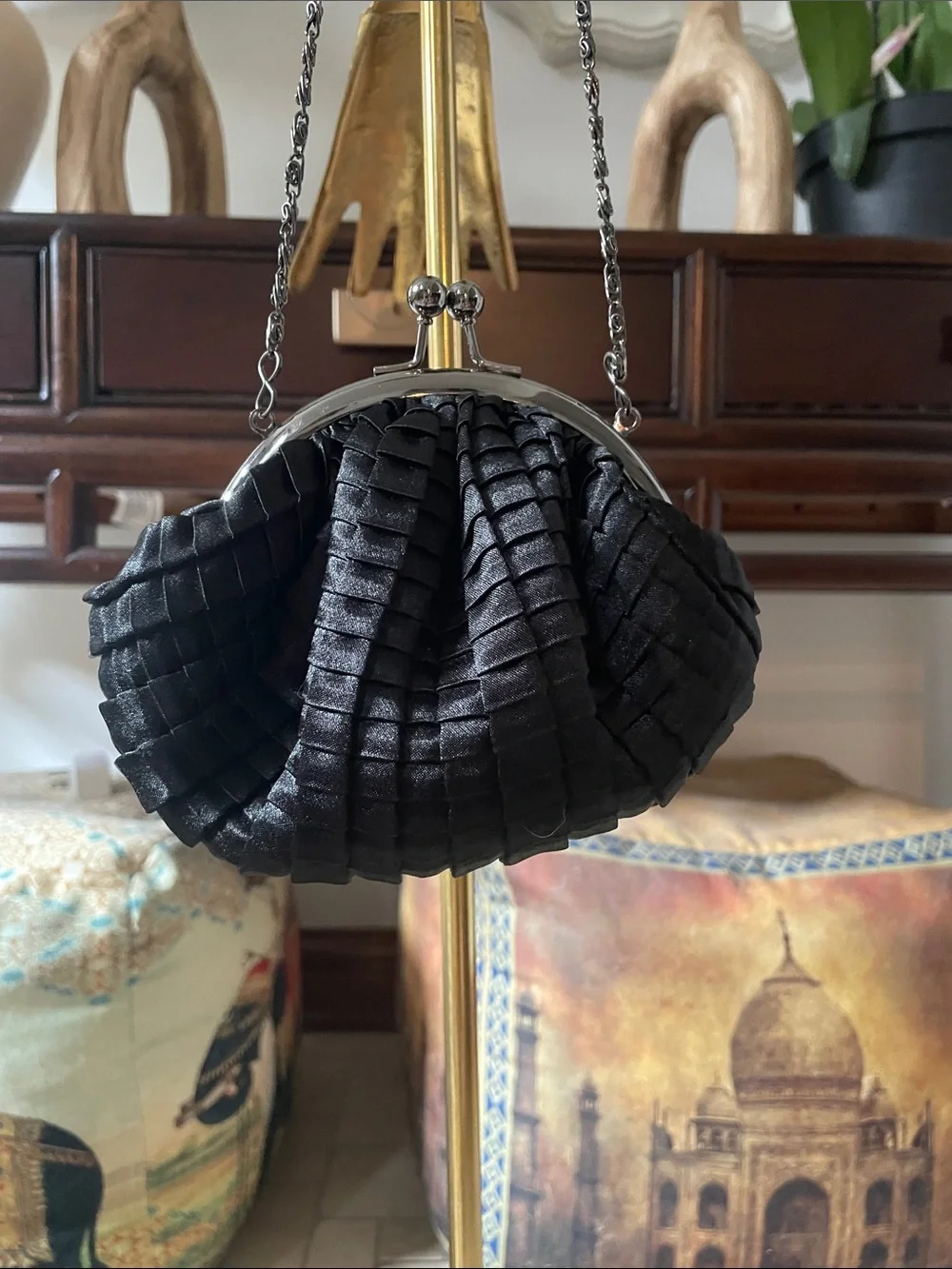 Jessica McClintock Black Satin Pleated Evening Clutch with Chain Kiss Lock
